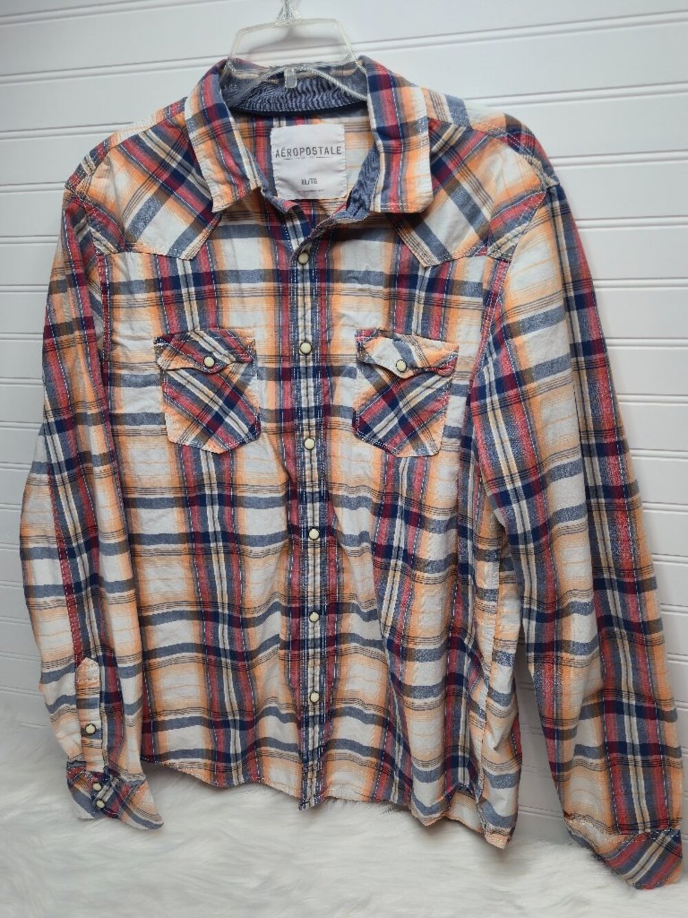 Aeropostale Men's XL Plaid Shirt Western Pearl Snap Button Long Sleeve Orange